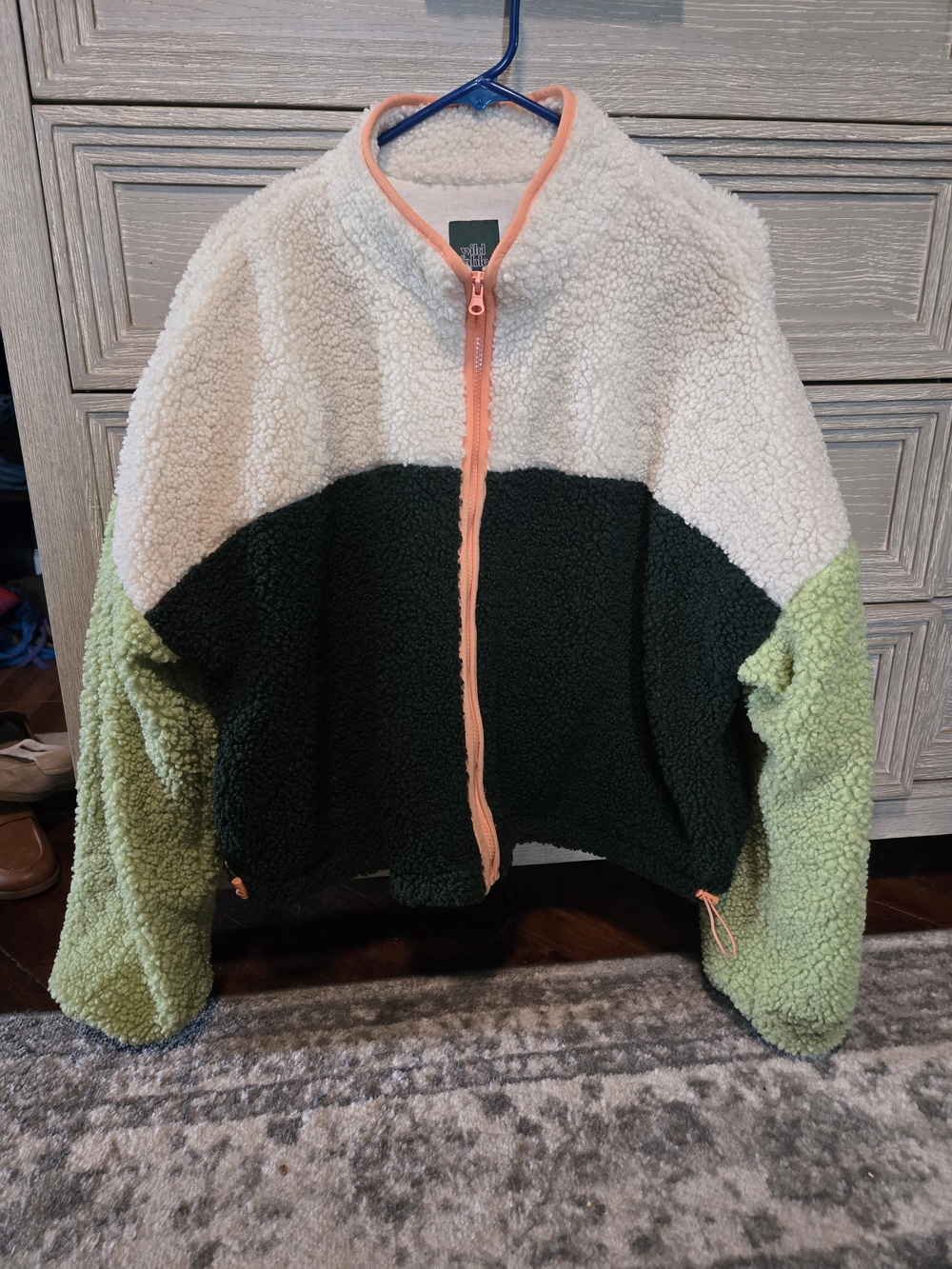 Colorblock Sherpa Jacket in White, Forest Green & Light Green